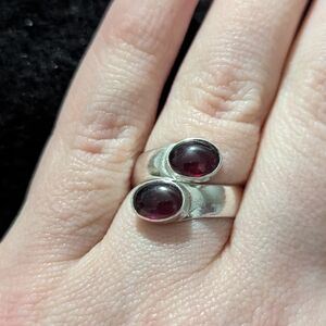 Silver Plated Red Garnet Gemstone Oval Bypass Statement Ring - Size 7